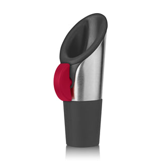 a black and silver wine bottle