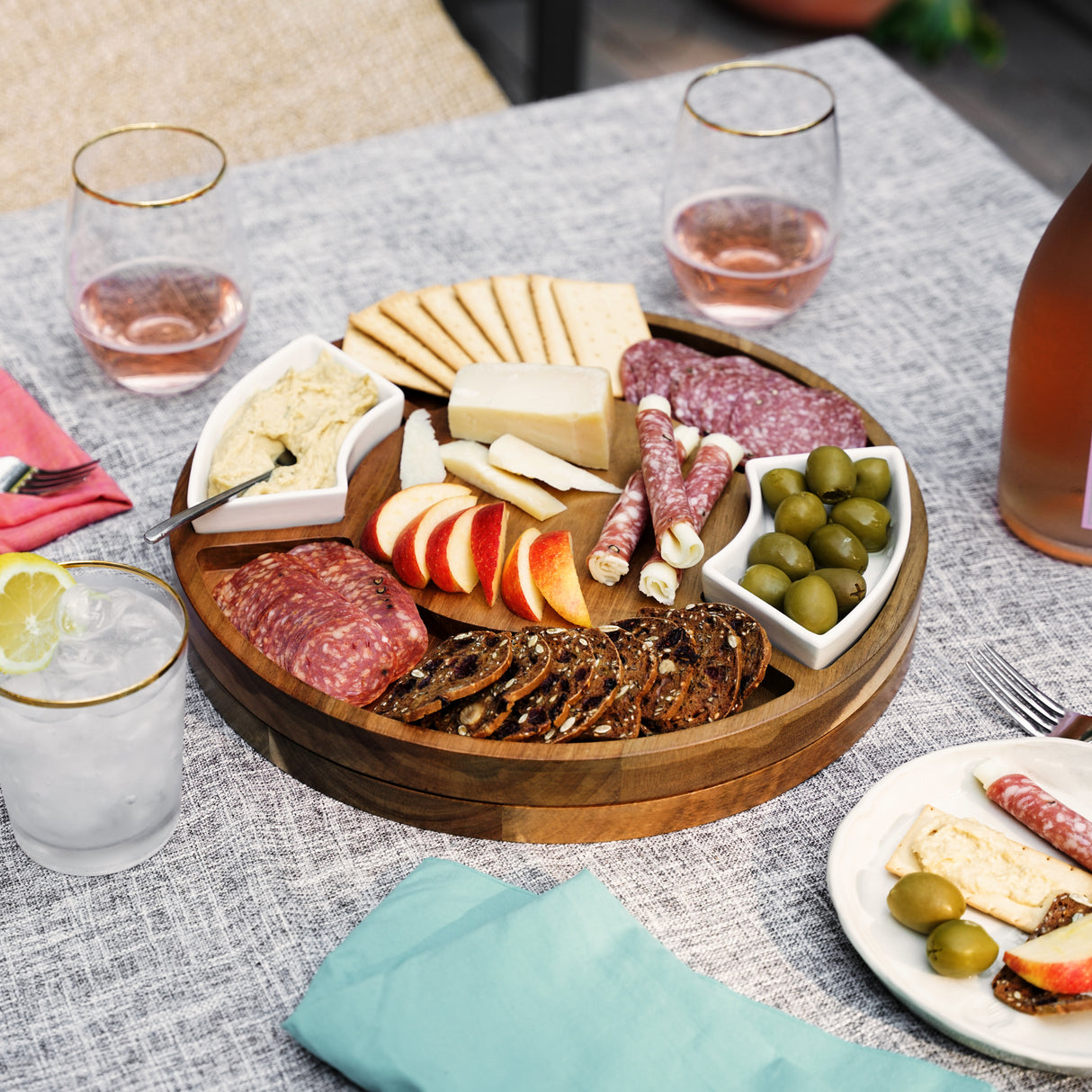 Acacia Wood Rotating Charcuterie Board with Ceramic Dishes