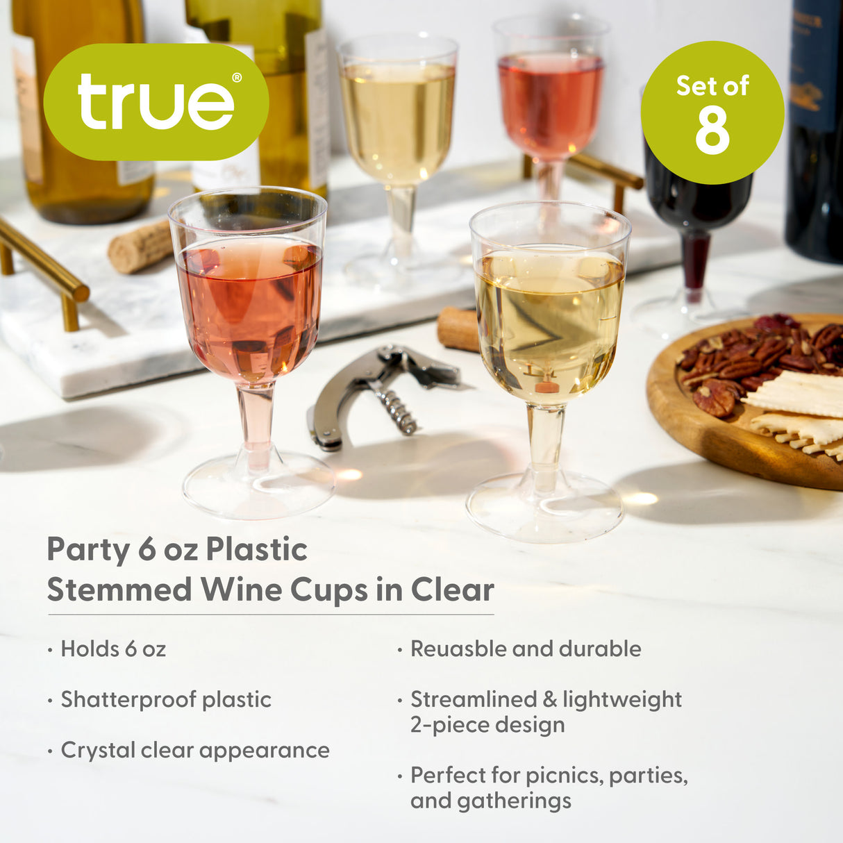 Party 6 oz Plastic Stemmed Wine Cups in Clear, Set of 8