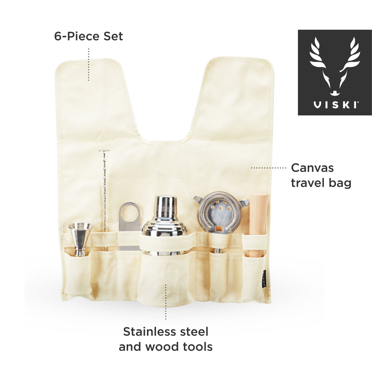 6-Piece Travel Barware Set in Stainless Steel with Canvas Bag