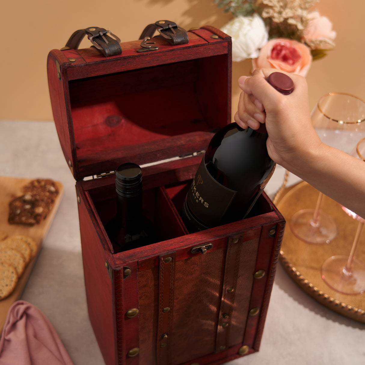 Two Bottle Antique Wooden Wine Box