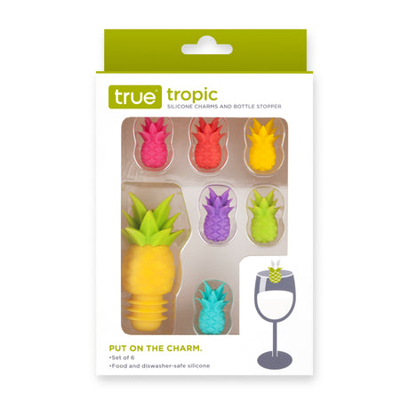 Tropic Silicone Wine Charms & Bottle Stopper, Set of 7