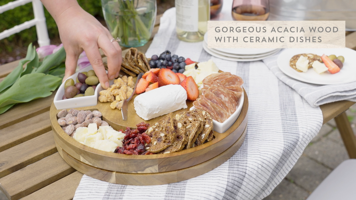 Acacia Wood Rotating Charcuterie Board with Ceramic Dishes