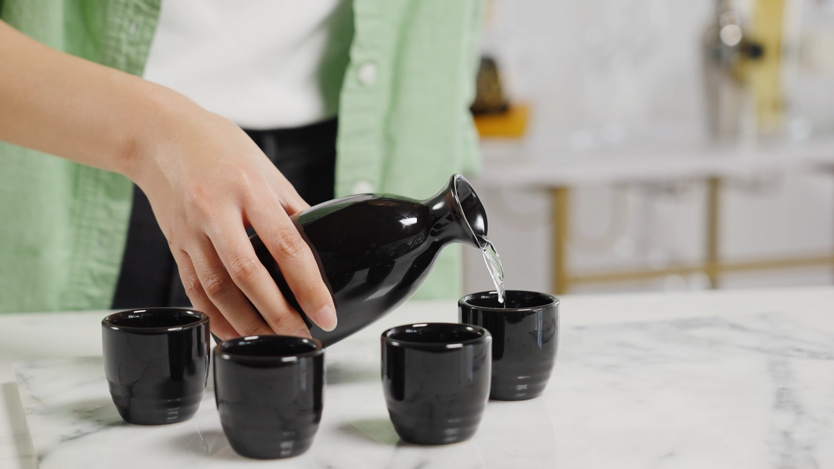 Moga 5-Piece Porcelain Sake Set in Black