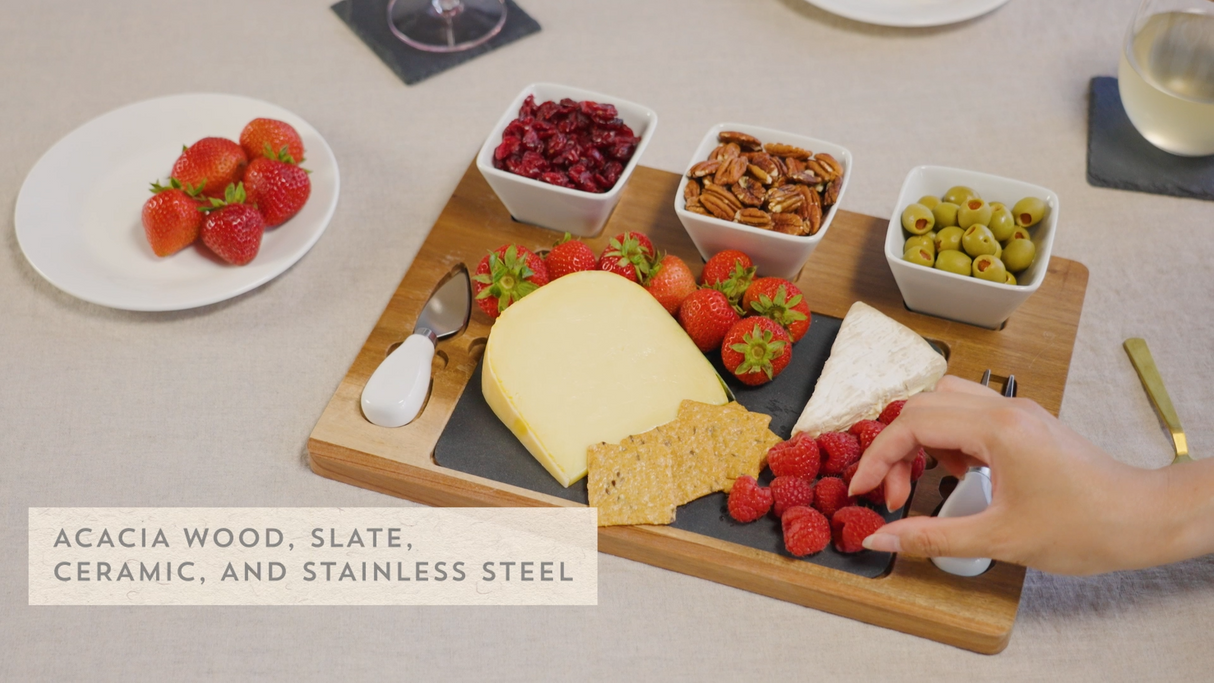 Acacia Wood & Slate Cheese Board Set with Ceramic Bowls