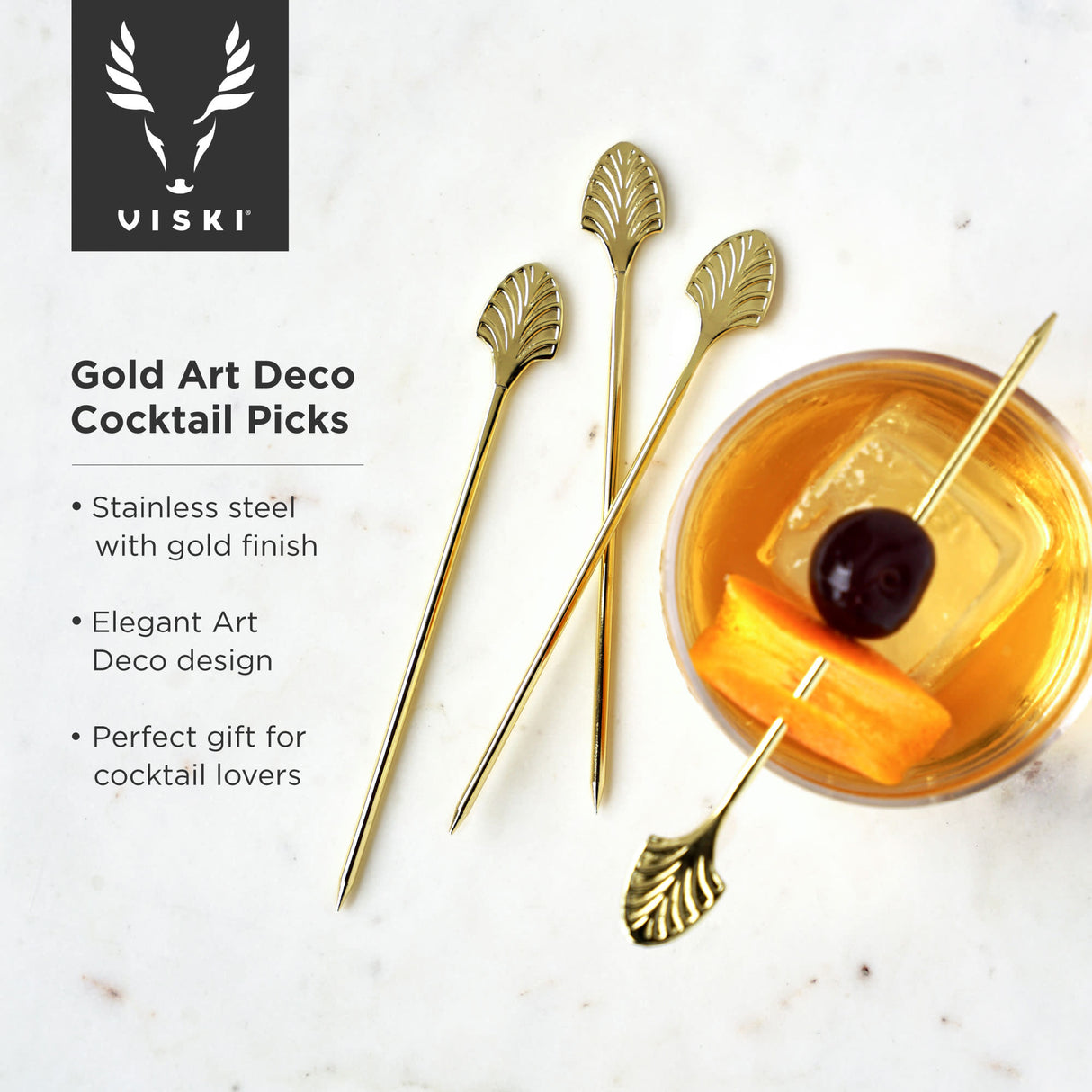 Art Deco Cocktail Picks in Gold, Set of 4