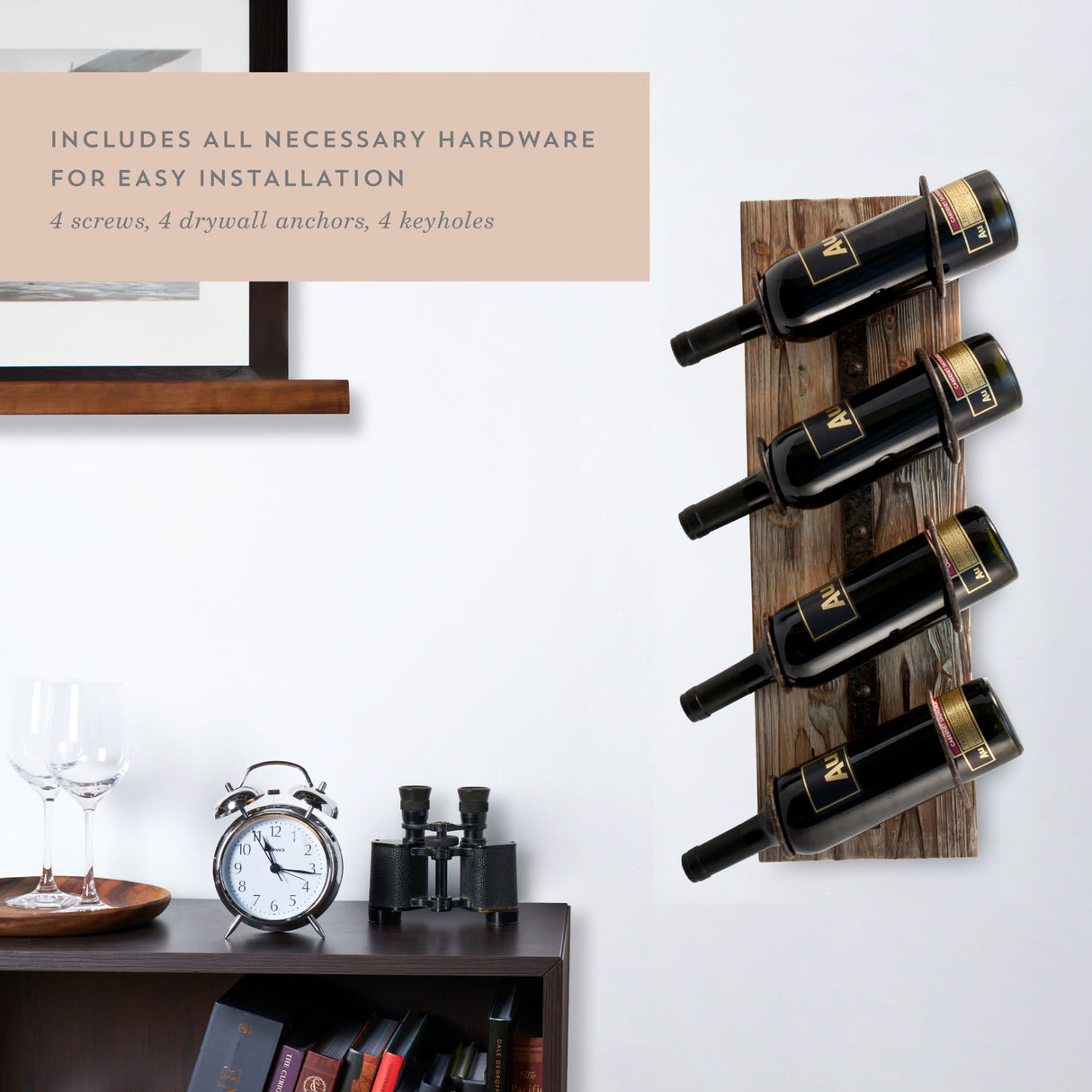 Wall Mounted Metal & Wood 4-Bottle Wine Rack