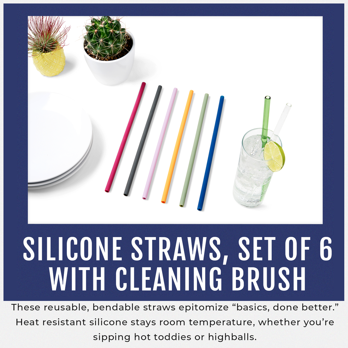 Savoy Silicone Straws with Cleaning Brush, Set of 6