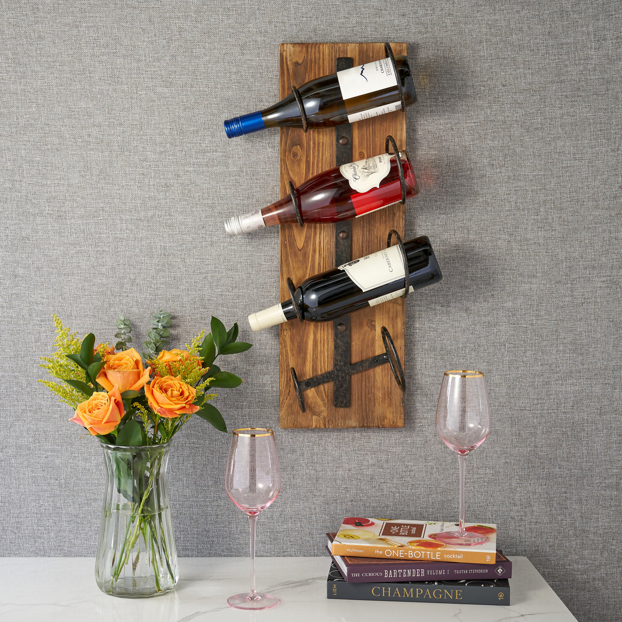 Wall Mounted Metal & Wood 4-Bottle Wine Rack