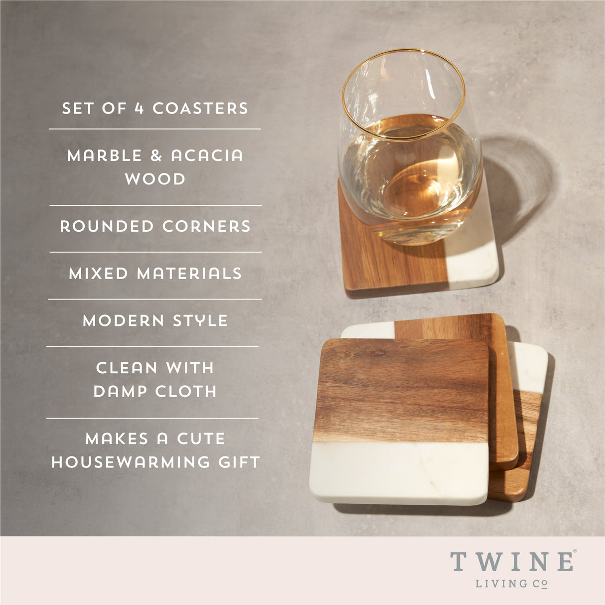 Marble & Acacia Coasters, Set of 4