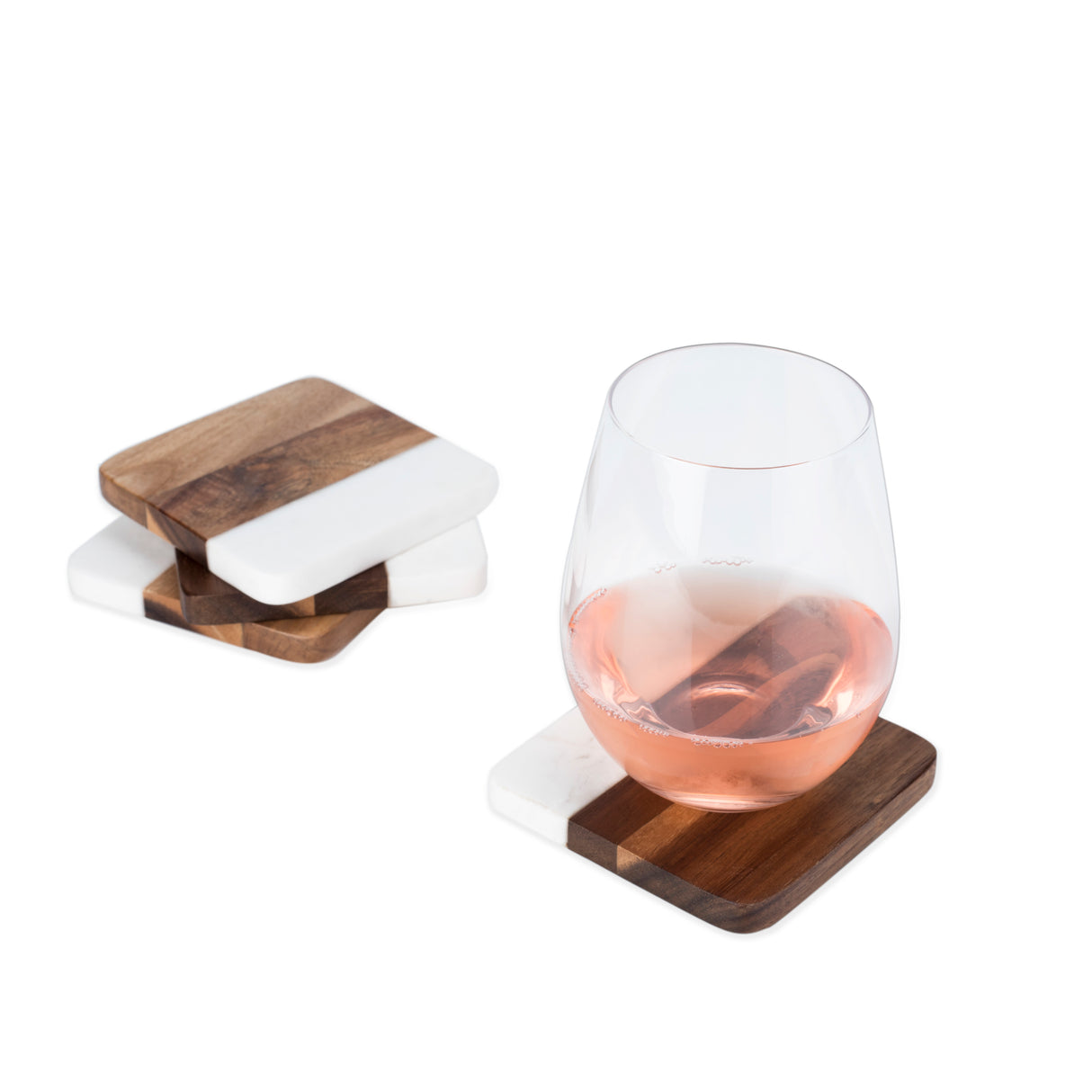 Marble & Acacia Coasters, Set of 4