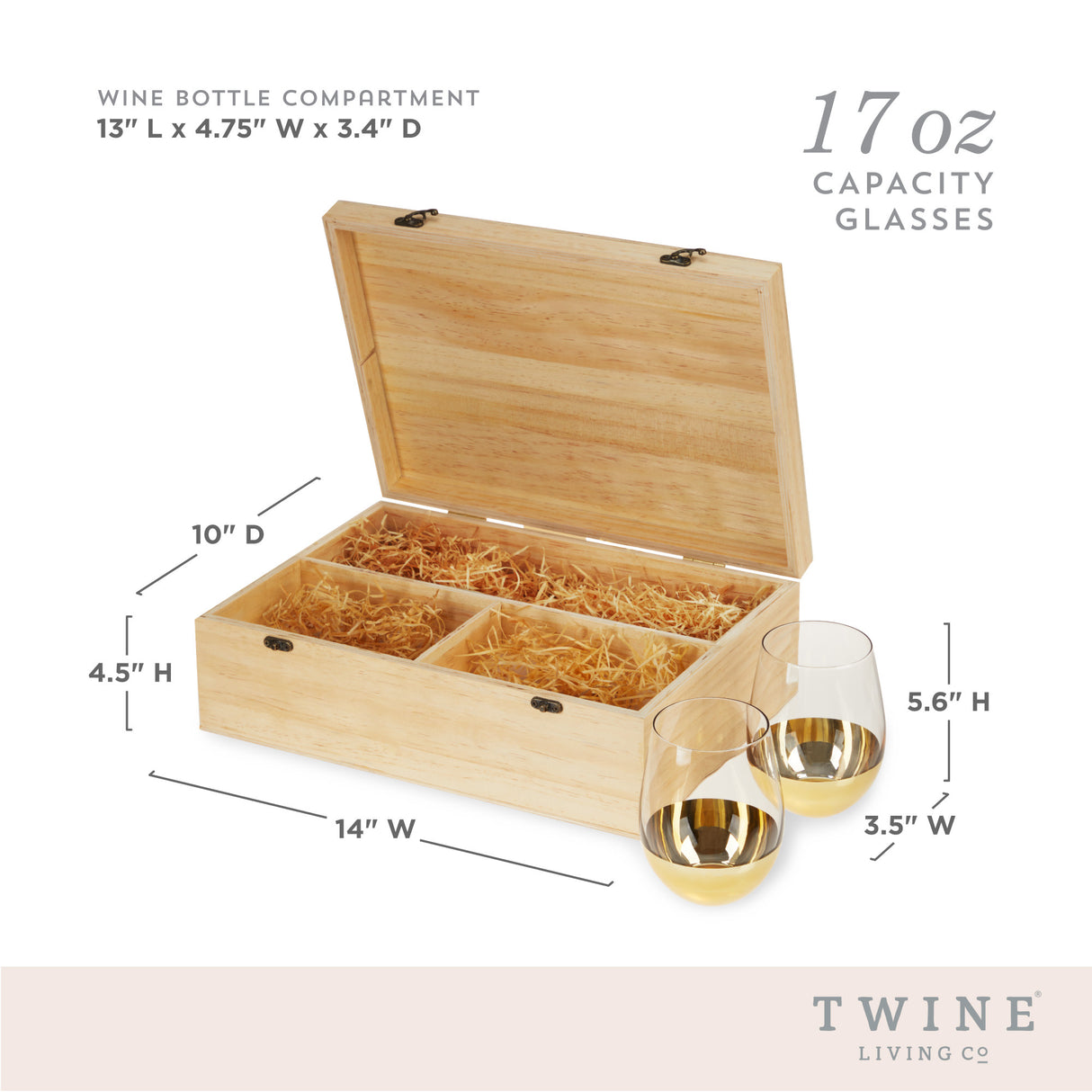 Single Bottle Wooden Wine Box with Two Stemless Wine Glass Set