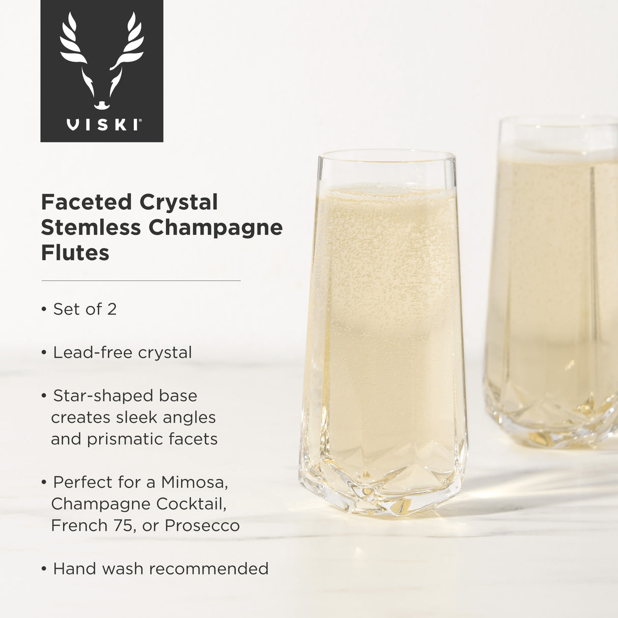 Seneca Crystal Faceted Stemless Champagne Flutes, Set of 2