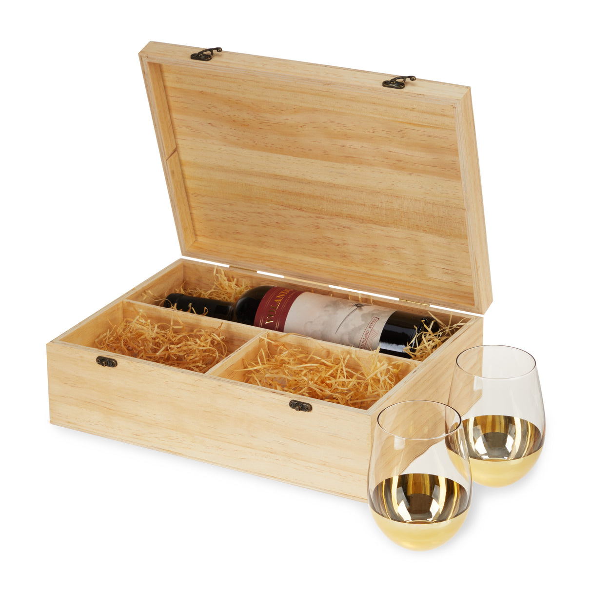 Single Bottle Wooden Wine Box with Two Stemless Wine Glass Set