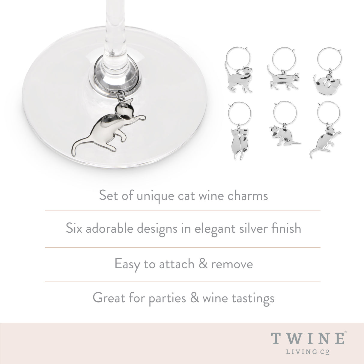 Cat Wine Charms in Silver, Set of 6