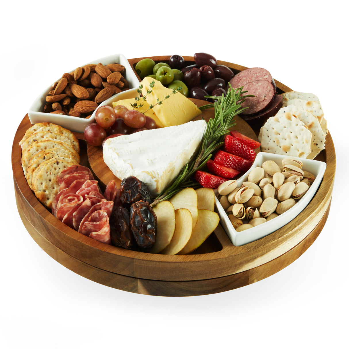 Acacia Wood Rotating Charcuterie Board with Ceramic Dishes