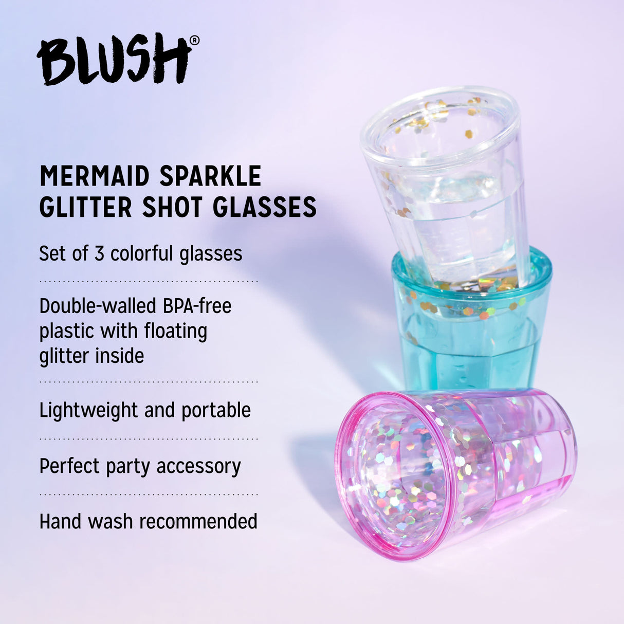 Mermaid Sparkle Glitter 1.5 oz Shot Glasses in Assorted Colors, Set of 3