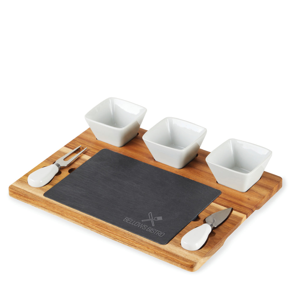 Acacia Wood & Slate Cheese Board Set with Ceramic Bowls