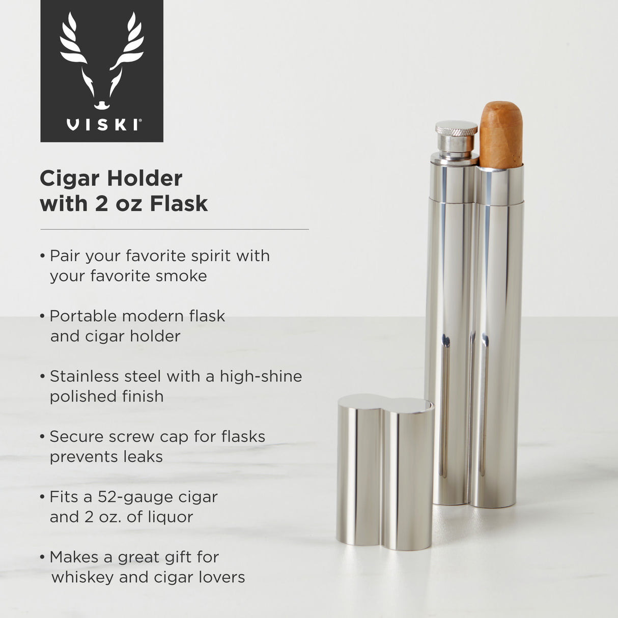 Cigar Holder and Flask in Stainless Steel