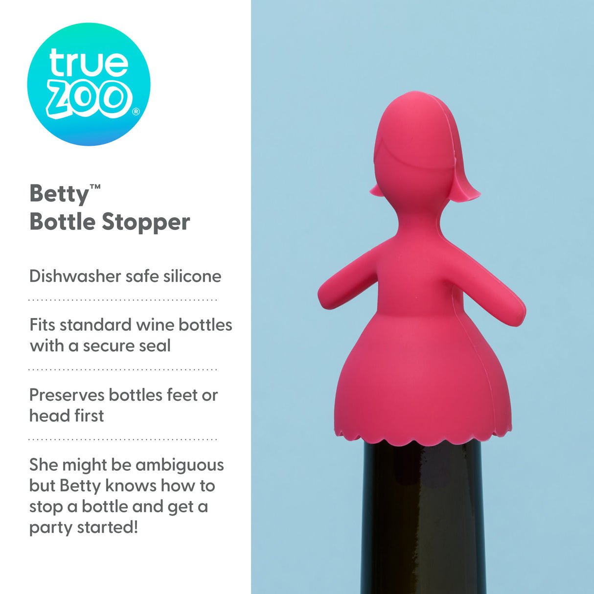 TrueZoo Betty Silicone Bottle Stopper, CDU 10ct