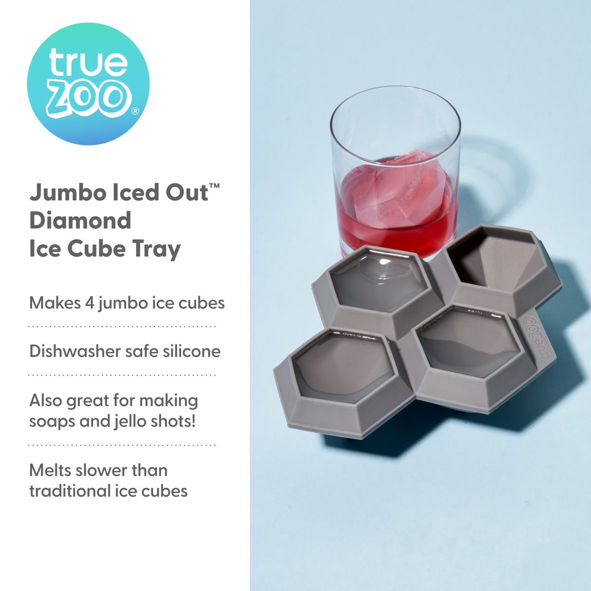 TrueZoo Iced Out Jumbo Diamond Silicone Ice Cube Tray, CDU 6ct