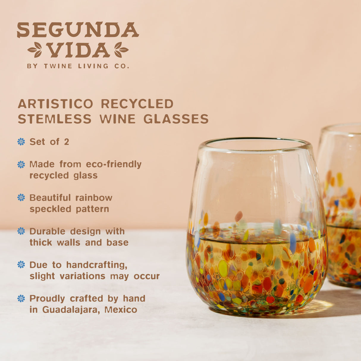 Segunda Vida Artistico Recycled Stemless Wine Glasses, Set of 2