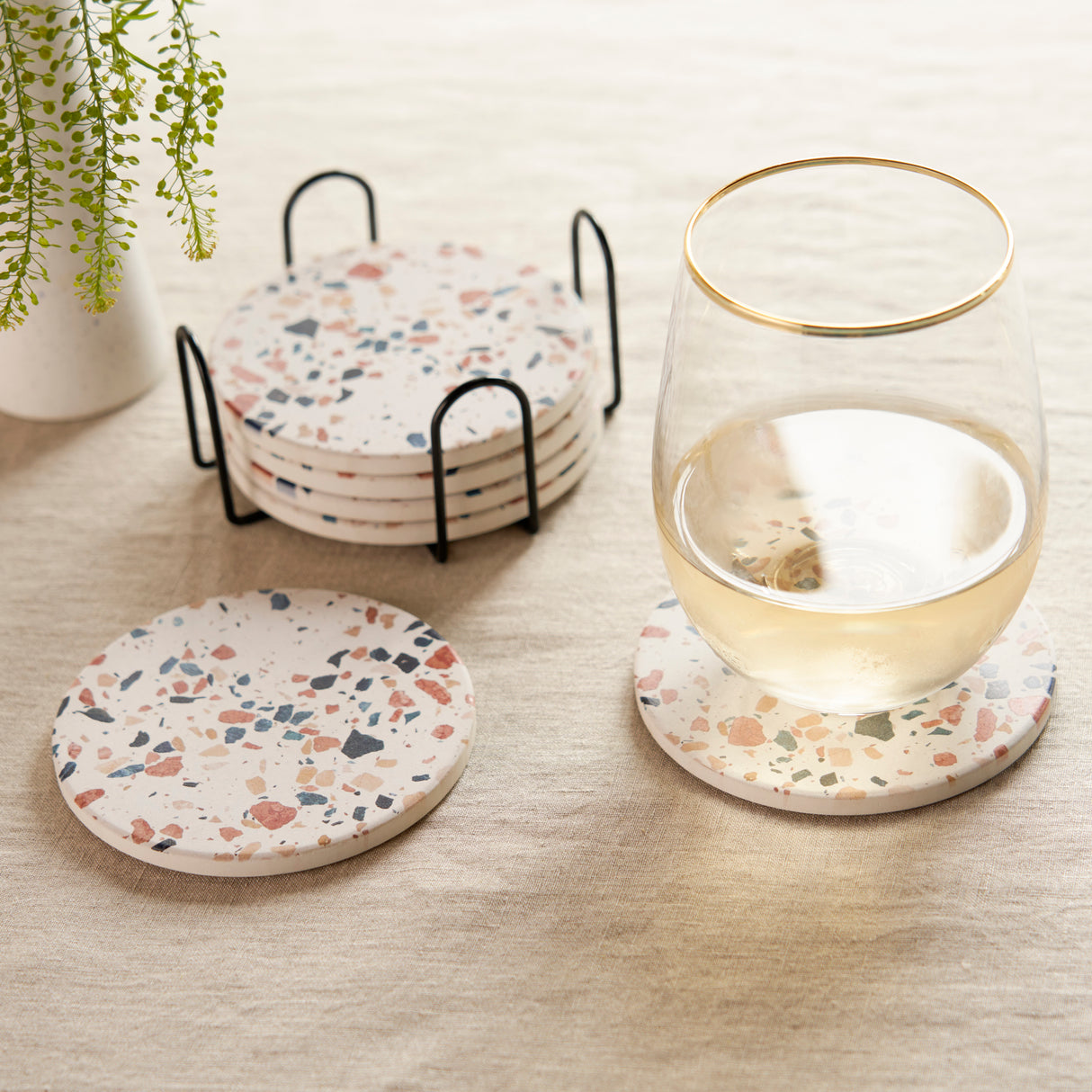 Terrazzo Stoneware Coasters with Stand, Set of 6