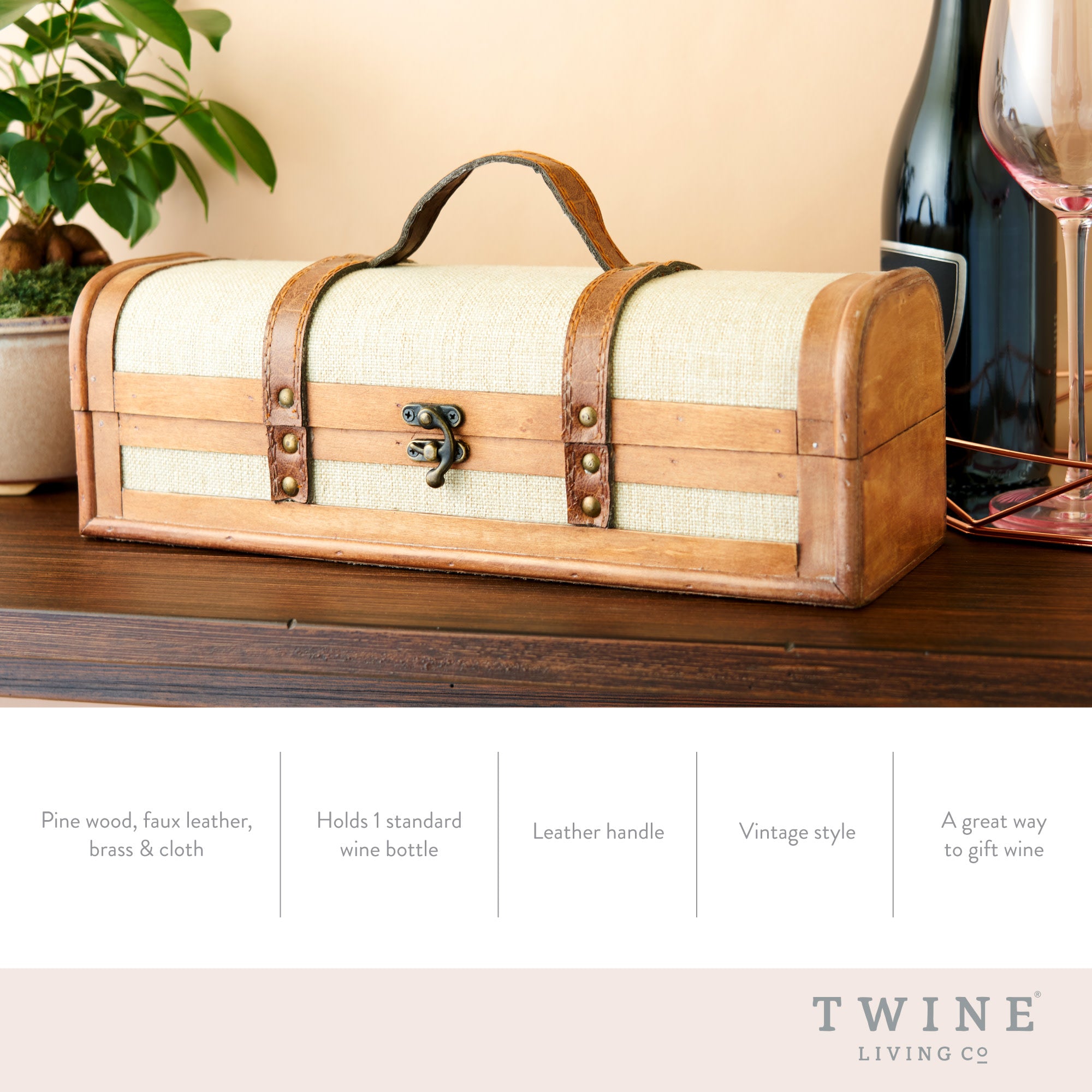 Single Bottle Vintage Striped Trunk Wine Box - Thumbnail 5