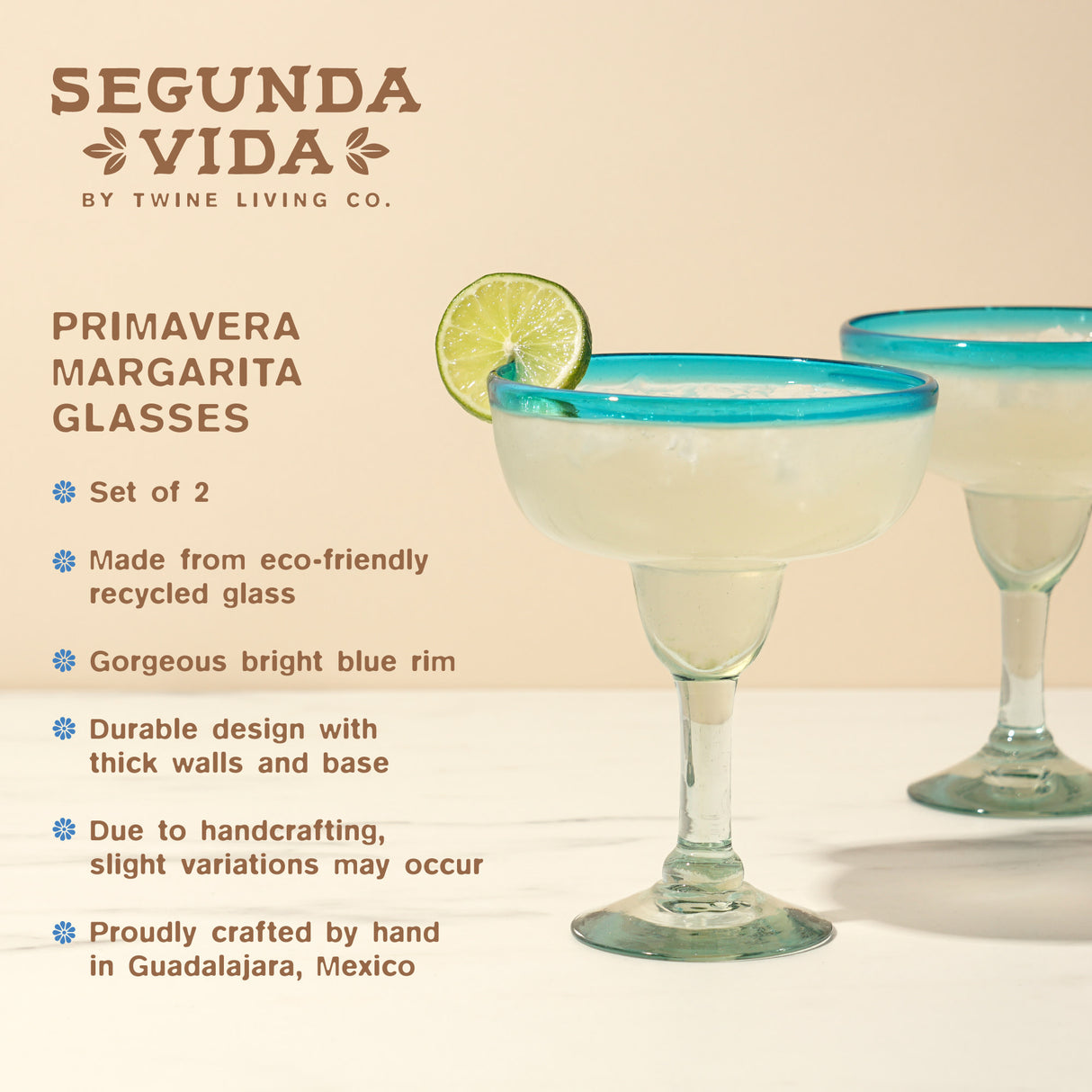 Segunda Vida Primavera Recycled Margarita Glasses, Set of 2