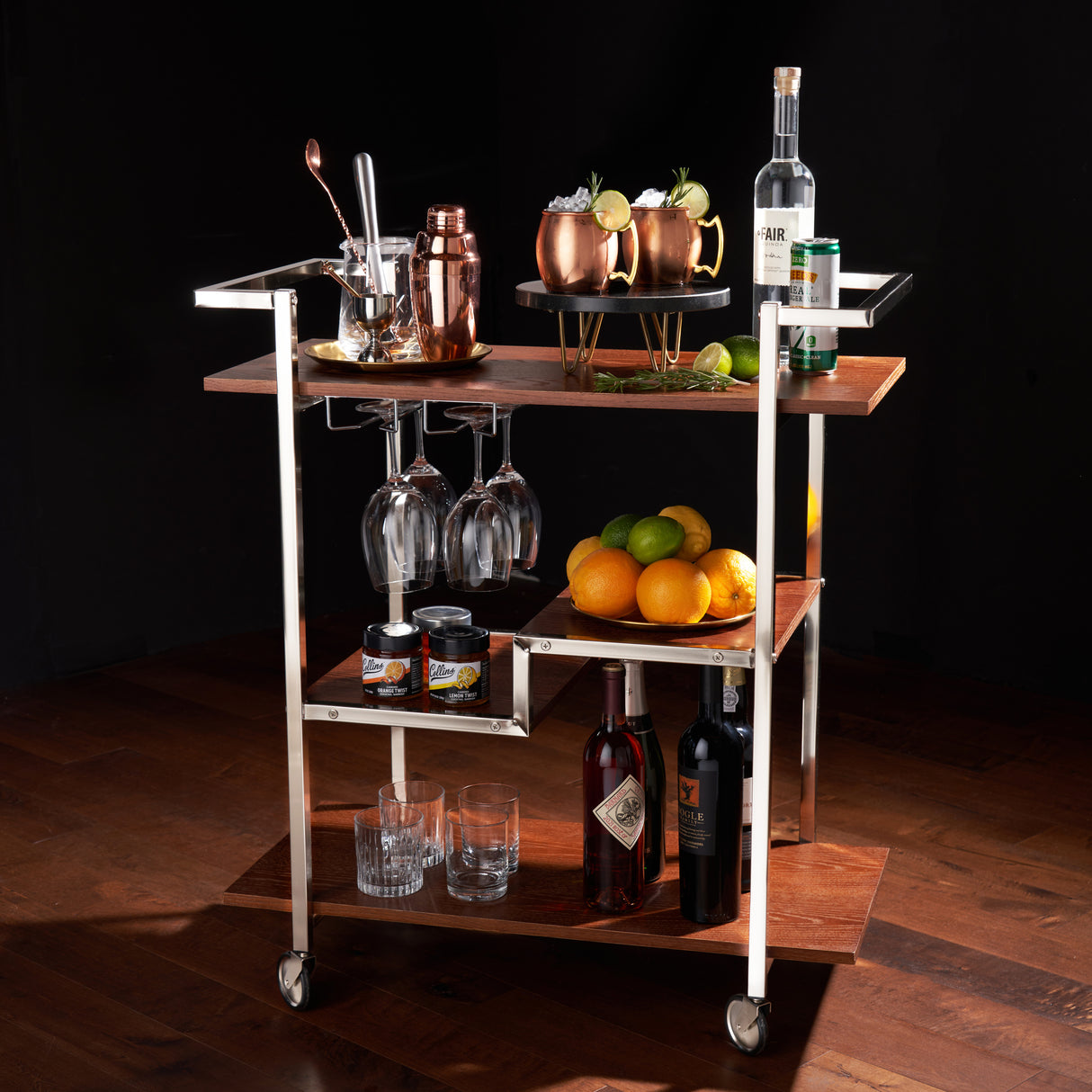 Harrison Bar Cart in Wood and Stainless Steel