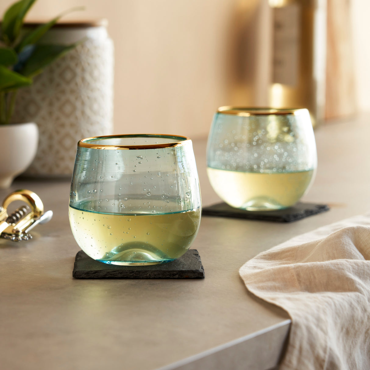 Aqua Bubble Stemless Wine Glasses, Set of 2