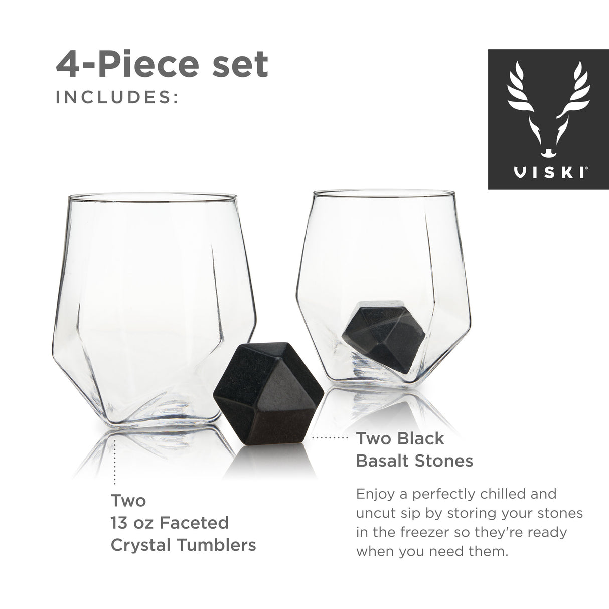 Seneca Crystal Faceted Tumbler & Hexagonal Basalt Stone Set, Set of 4