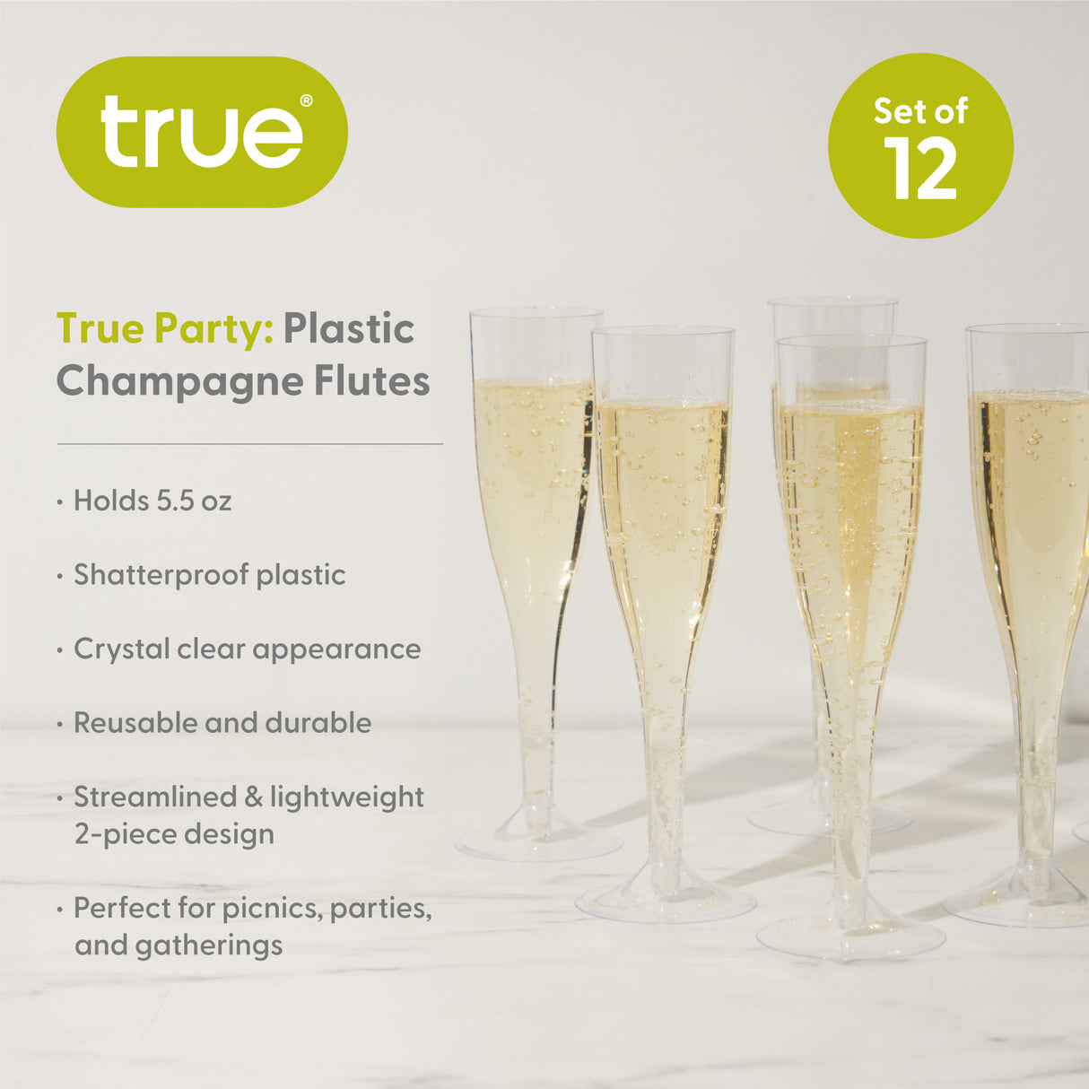 Party Plastic Champagne Flutes in Clear, Set of 12